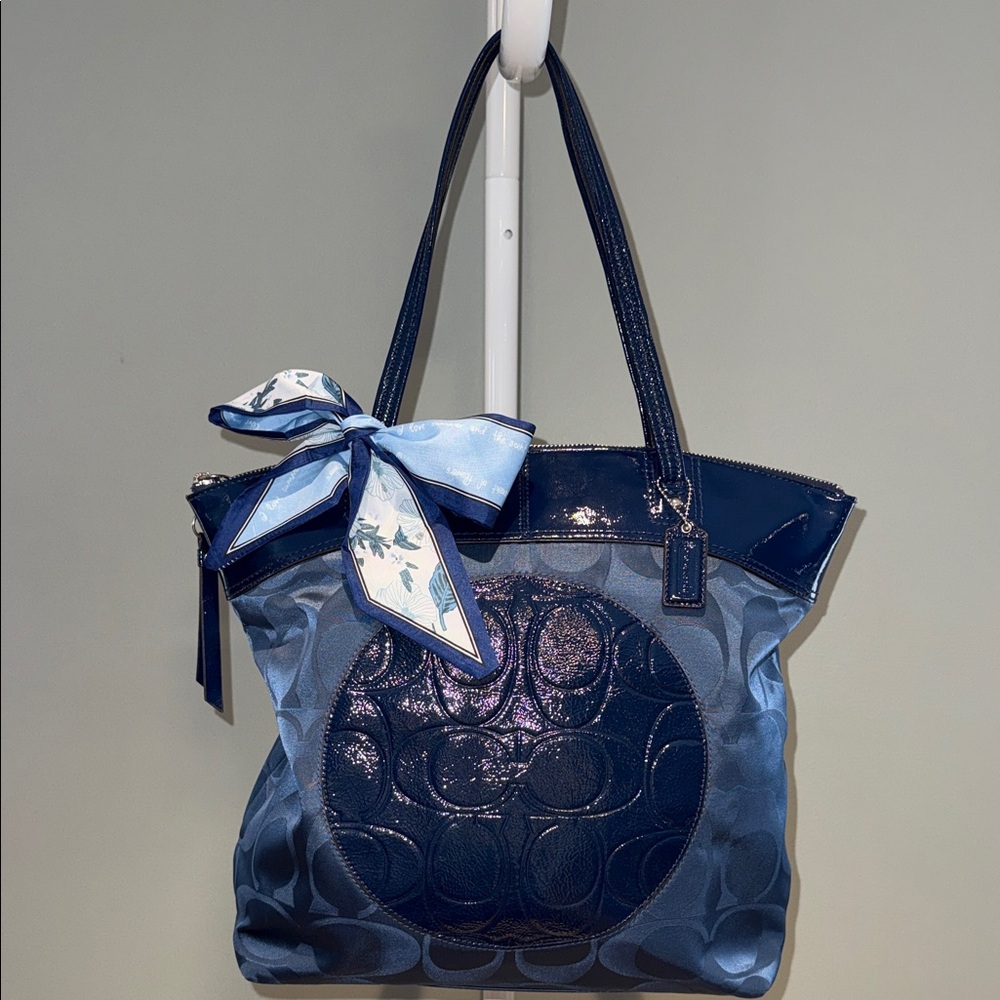 Coach  Navy Blue Laura Signature Nylon Tote with Floral Scarf and Dust Bag EUC